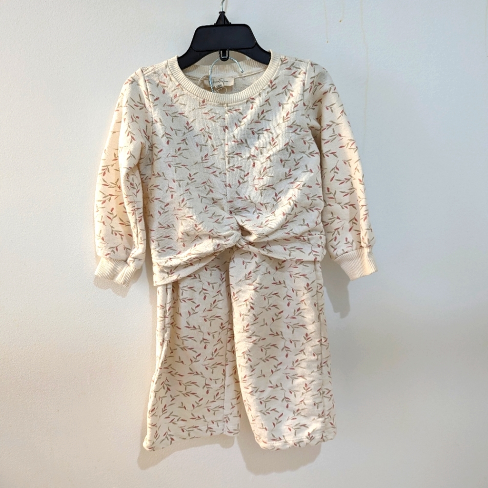 Two Piece Cream Botanical Leaf Twist Top & Wide Pants